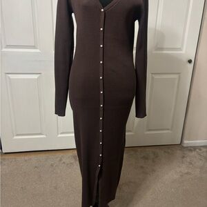 Brown Ribbed Long Sleeve Button-Front Maxi Dress